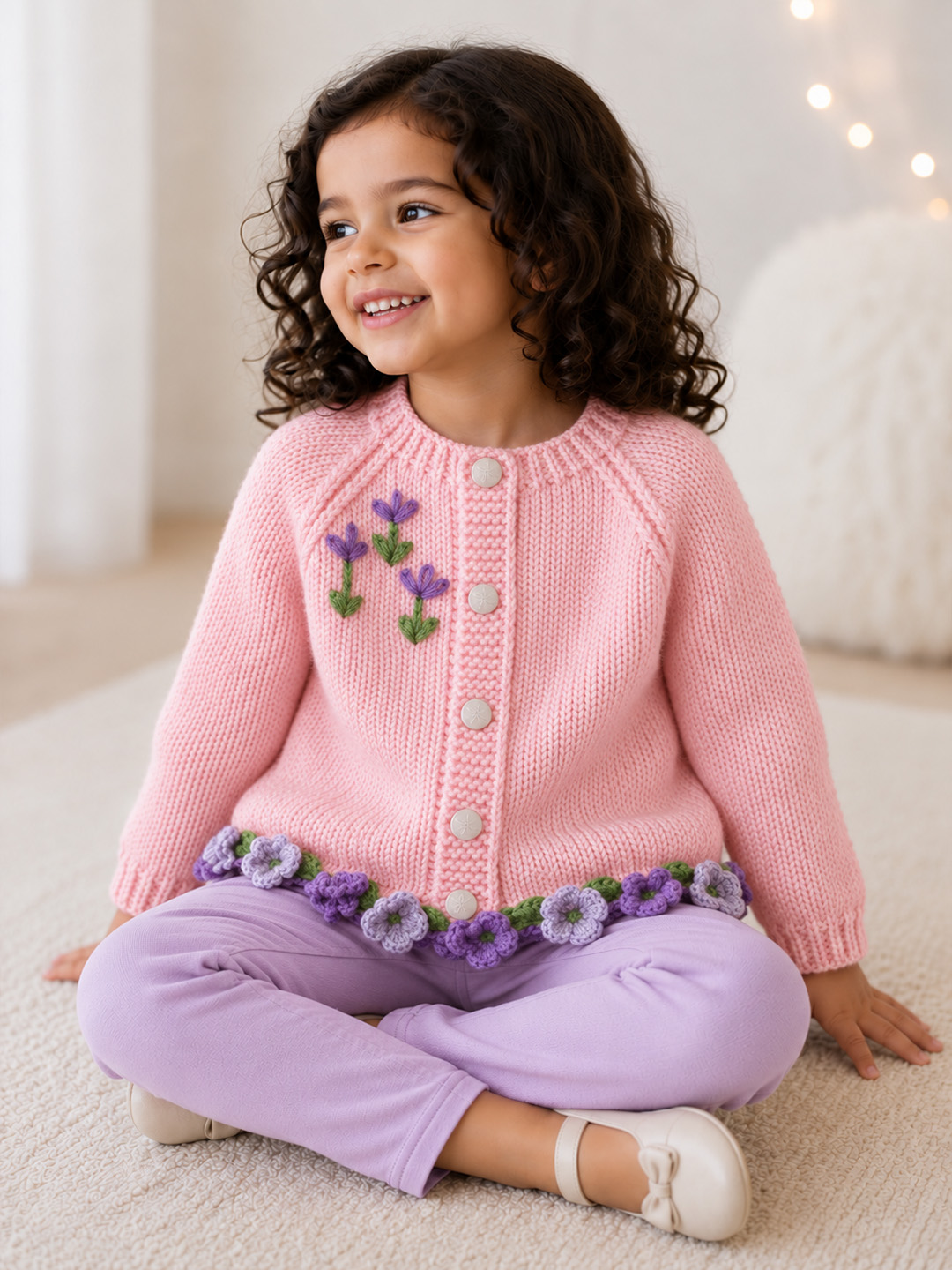 Woonie Handknitted Full Sleeves Floral Embroidered Cardigan - Pink