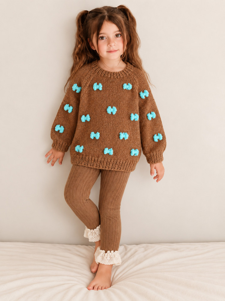 Image of Woonie Handknitted Full Sleeves 3D Bow Detailed Pullover - Brown