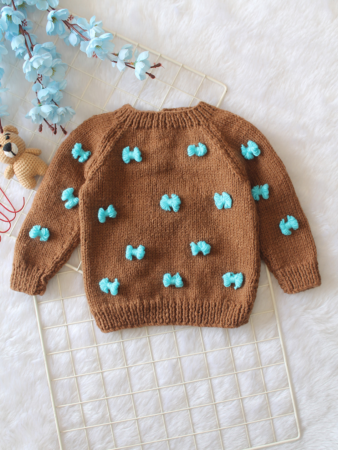 Woonie Handknitted Full Sleeves 3D Bow Detailed Pullover - Brown