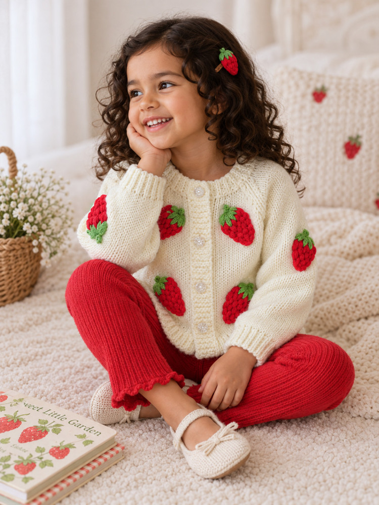 Image of Woonie Handknitted Full Sleeves Strawberry Applique Cardigan - Cream