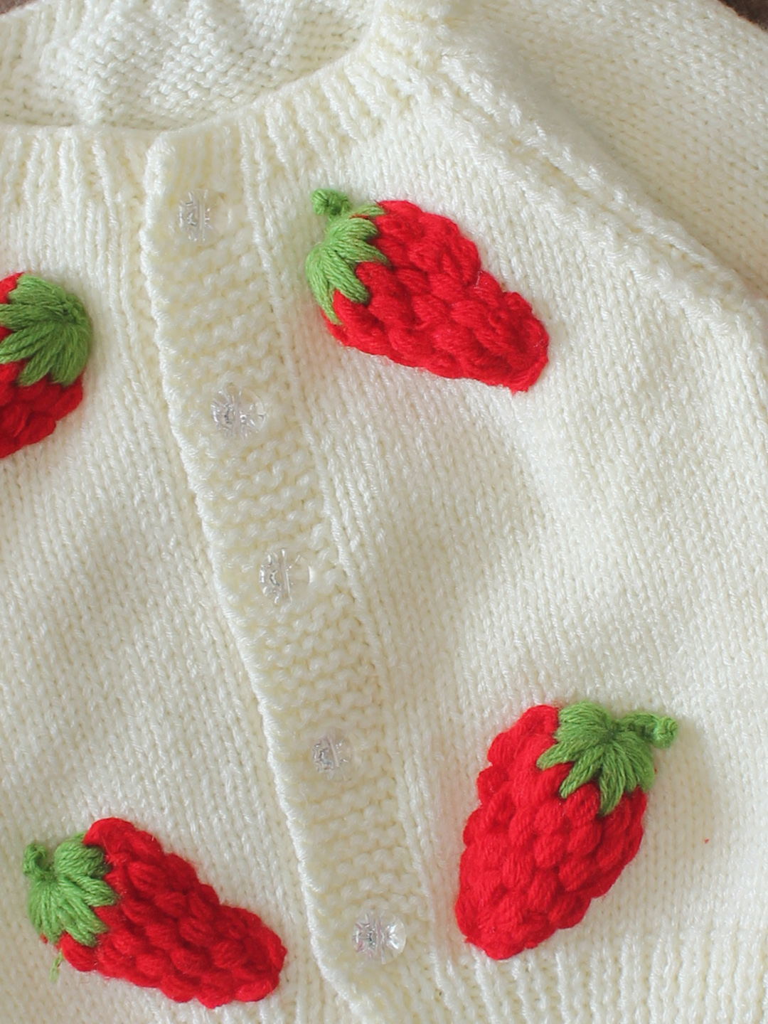 Woonie Handknitted Full Sleeves Strawberry Applique Cardigan - Cream