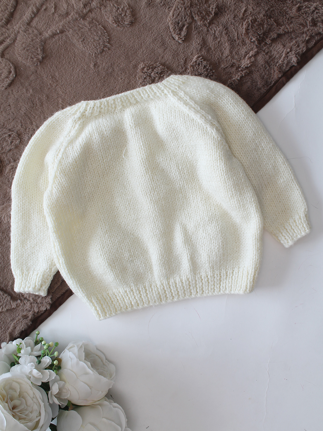 Woonie Handknitted Full Sleeves Strawberry Applique Cardigan - Cream