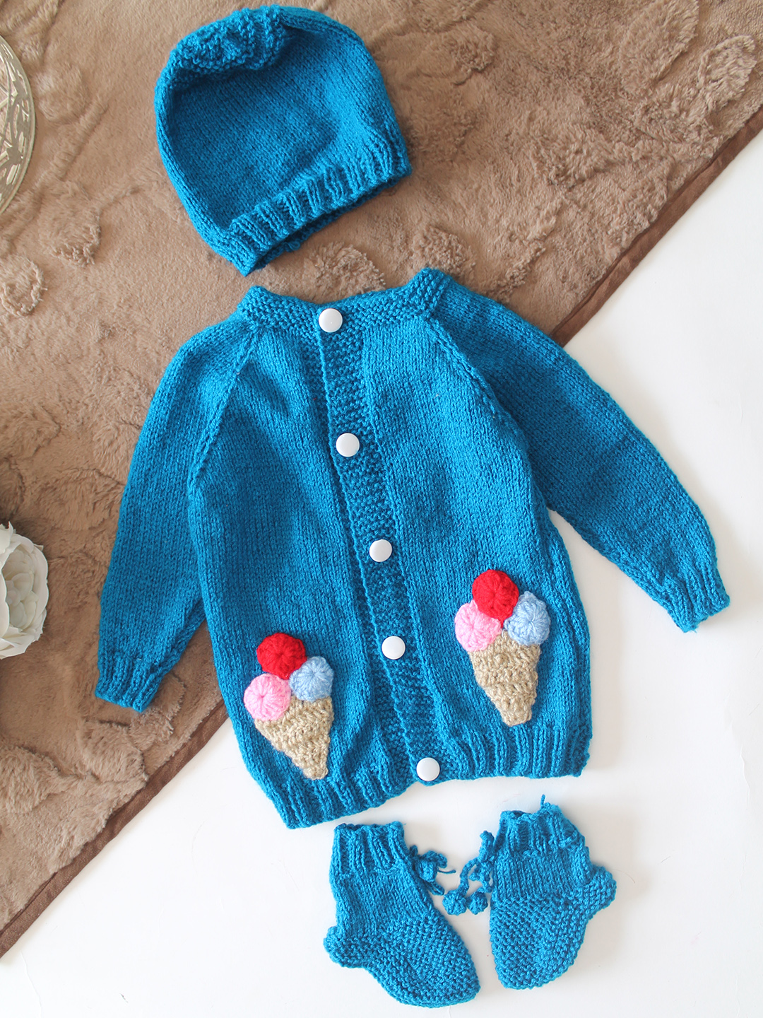 Woonie Handknitted Full Sleeves Ice-Cream Applique Detailed Cardigan with Cap & Socks Set - Blue