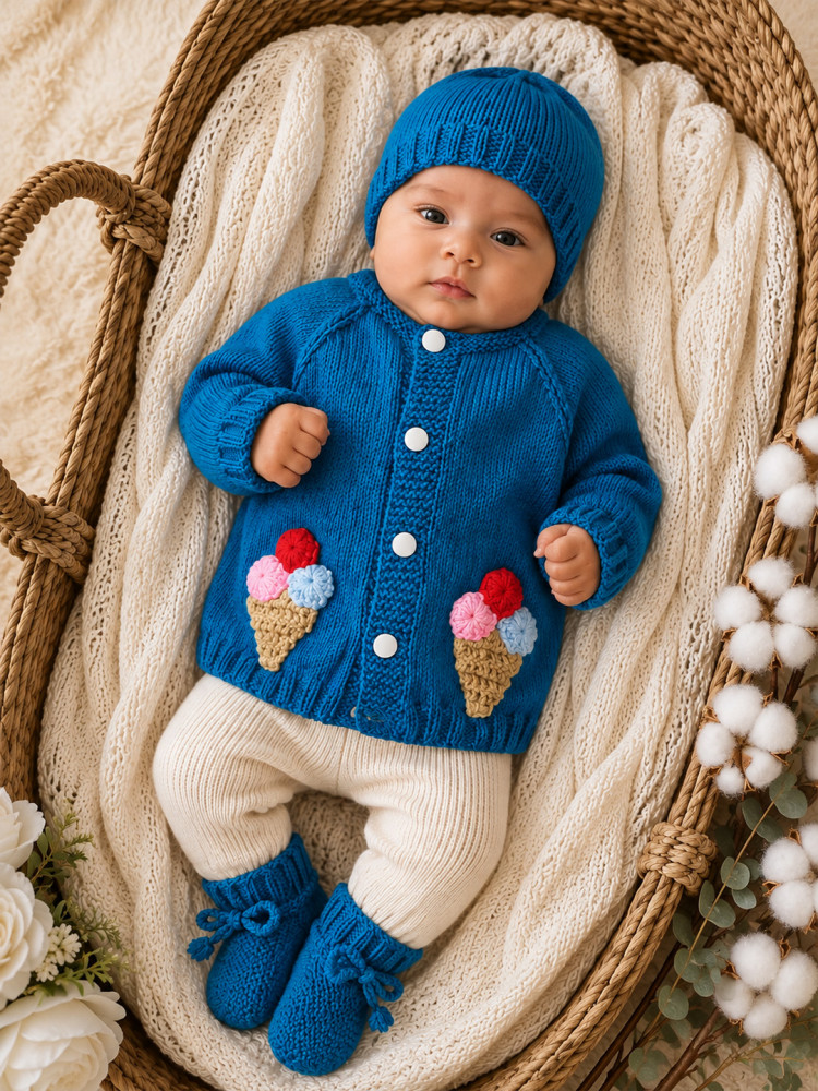 Image of Woonie Handknitted Full Sleeves Ice-Cream Applique Detailed Cardigan with Cap &amp; Socks Set - Blue