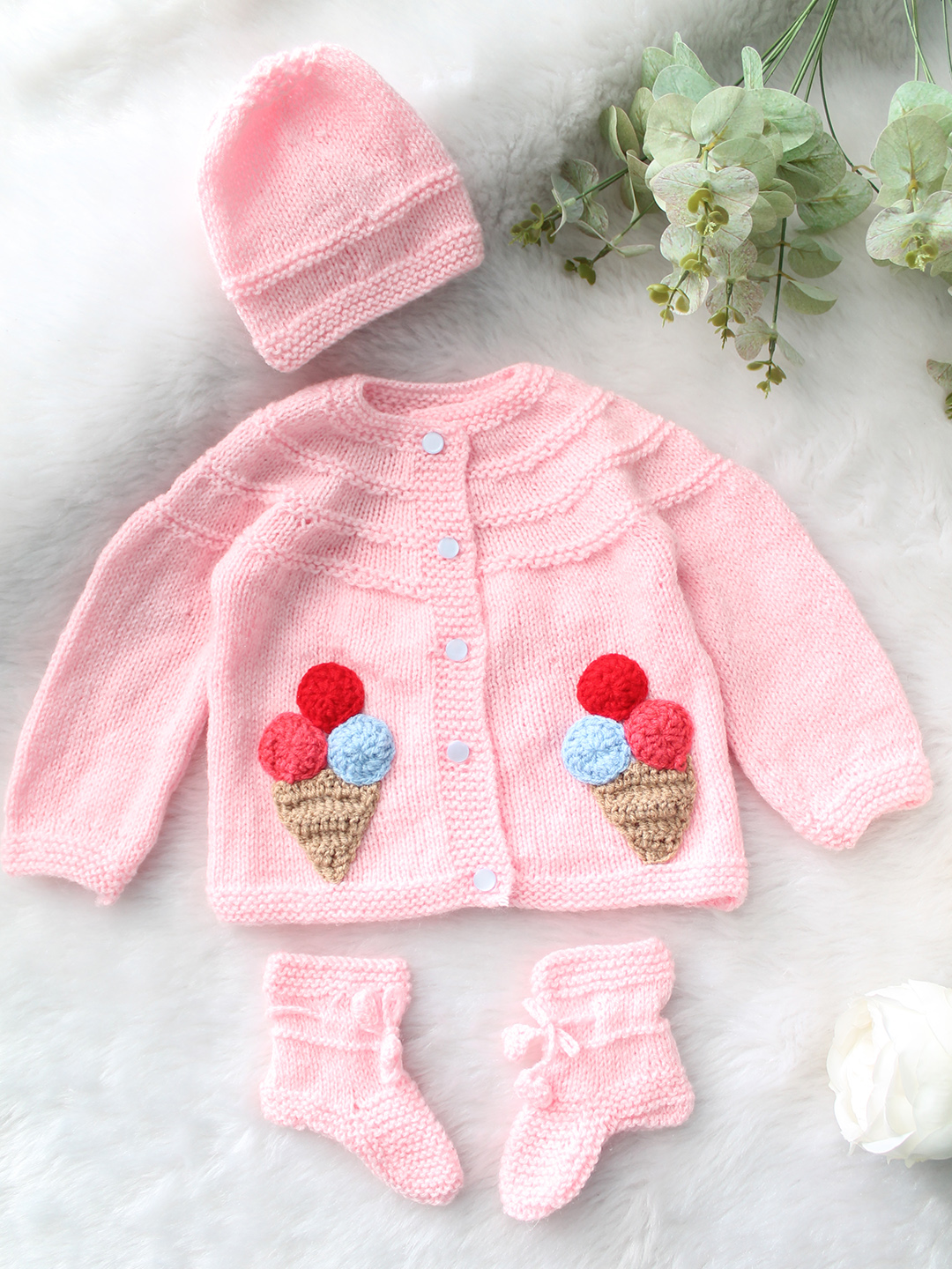 Woonie Handknitted Full Sleeves Ice-Cream Applique Detailed Cardigan with Cap & Socks Set - Pink