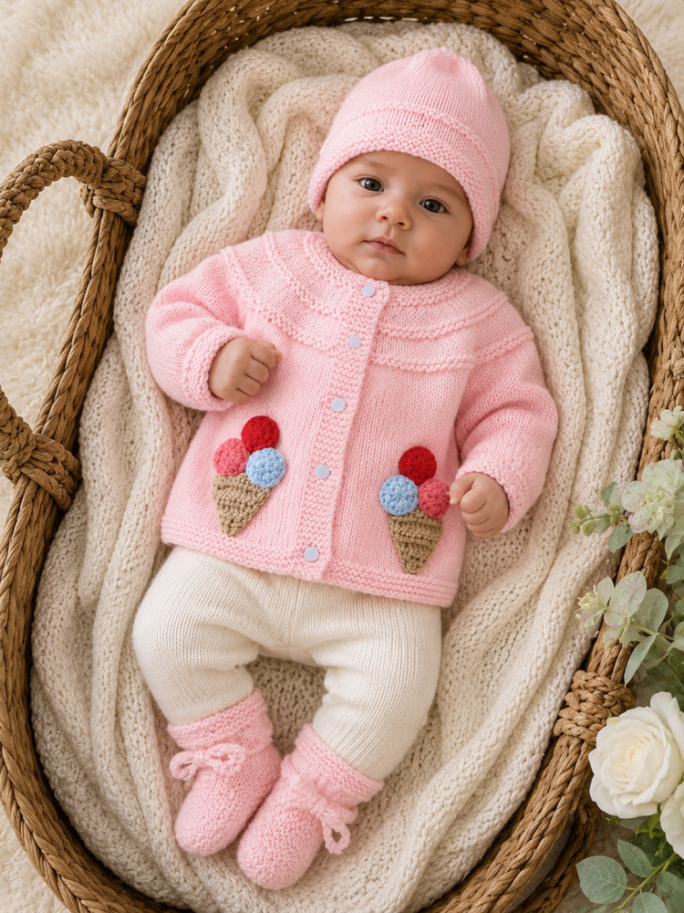 Image of Woonie Handknitted Full Sleeves Ice-Cream Applique Detailed Cardigan with Cap &amp; Socks Set - Pink