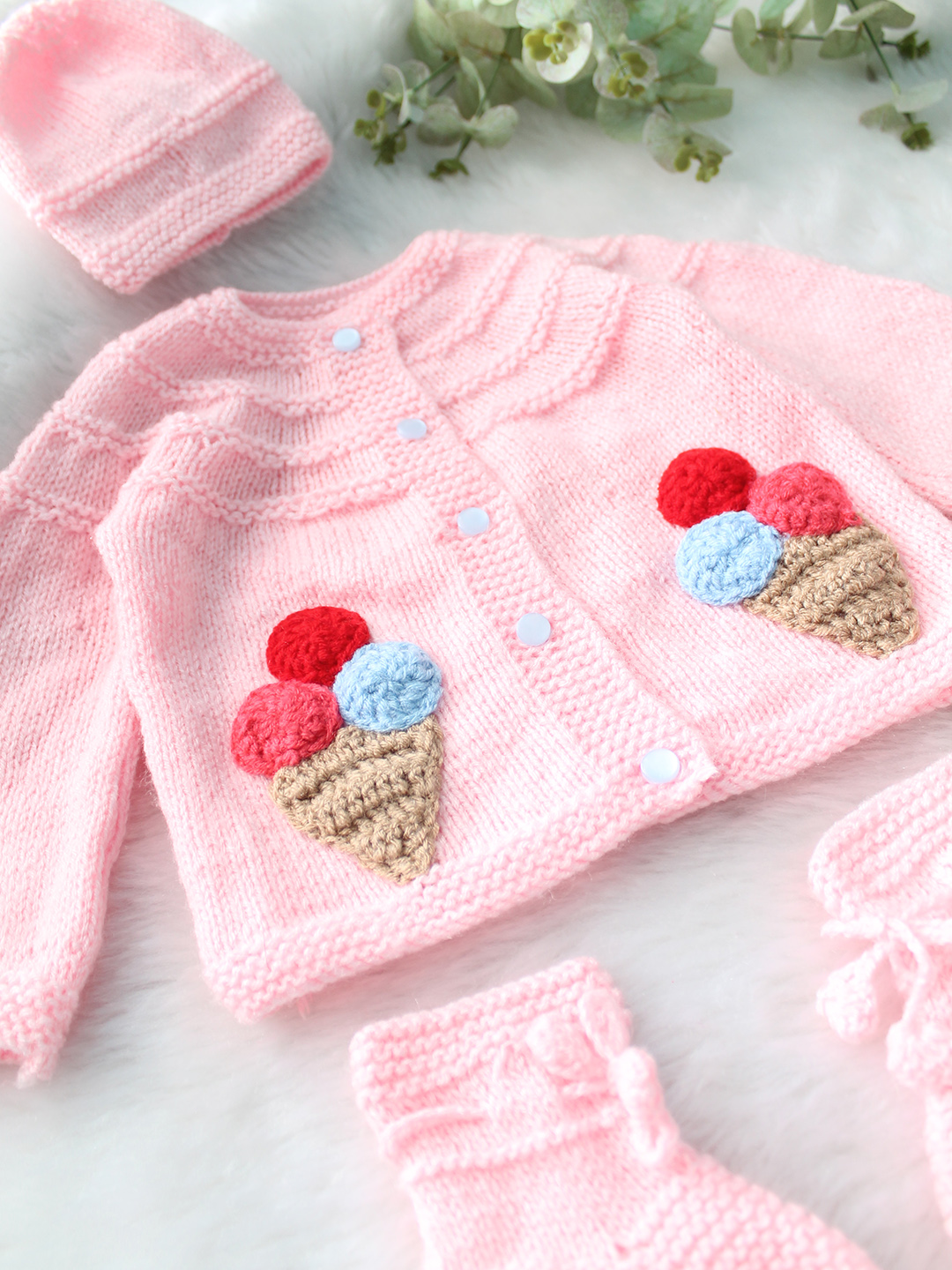 Woonie Handknitted Full Sleeves Ice-Cream Applique Detailed Cardigan with Cap & Socks Set - Pink
