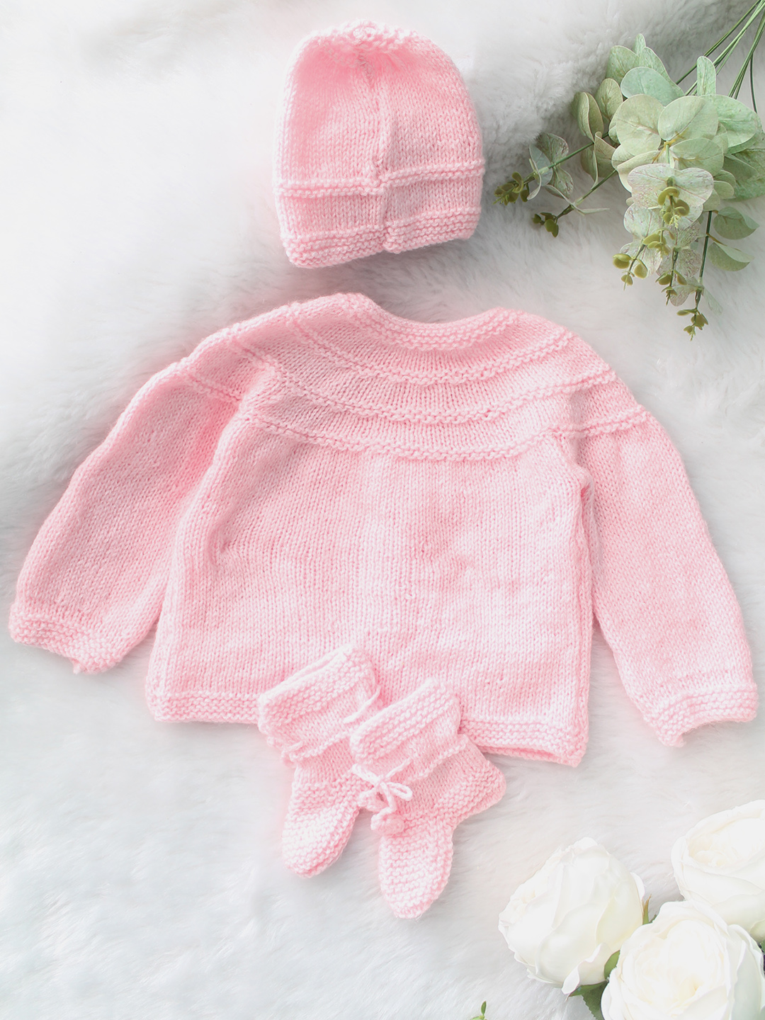 Woonie Handknitted Full Sleeves Ice-Cream Applique Detailed Cardigan with Cap & Socks Set - Pink