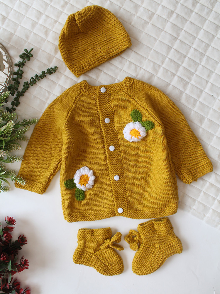 Image of Woonie Handknitted Full Sleeves Floral Applique Detailed Cardigan with Cap &amp; Socks Set - Mustard