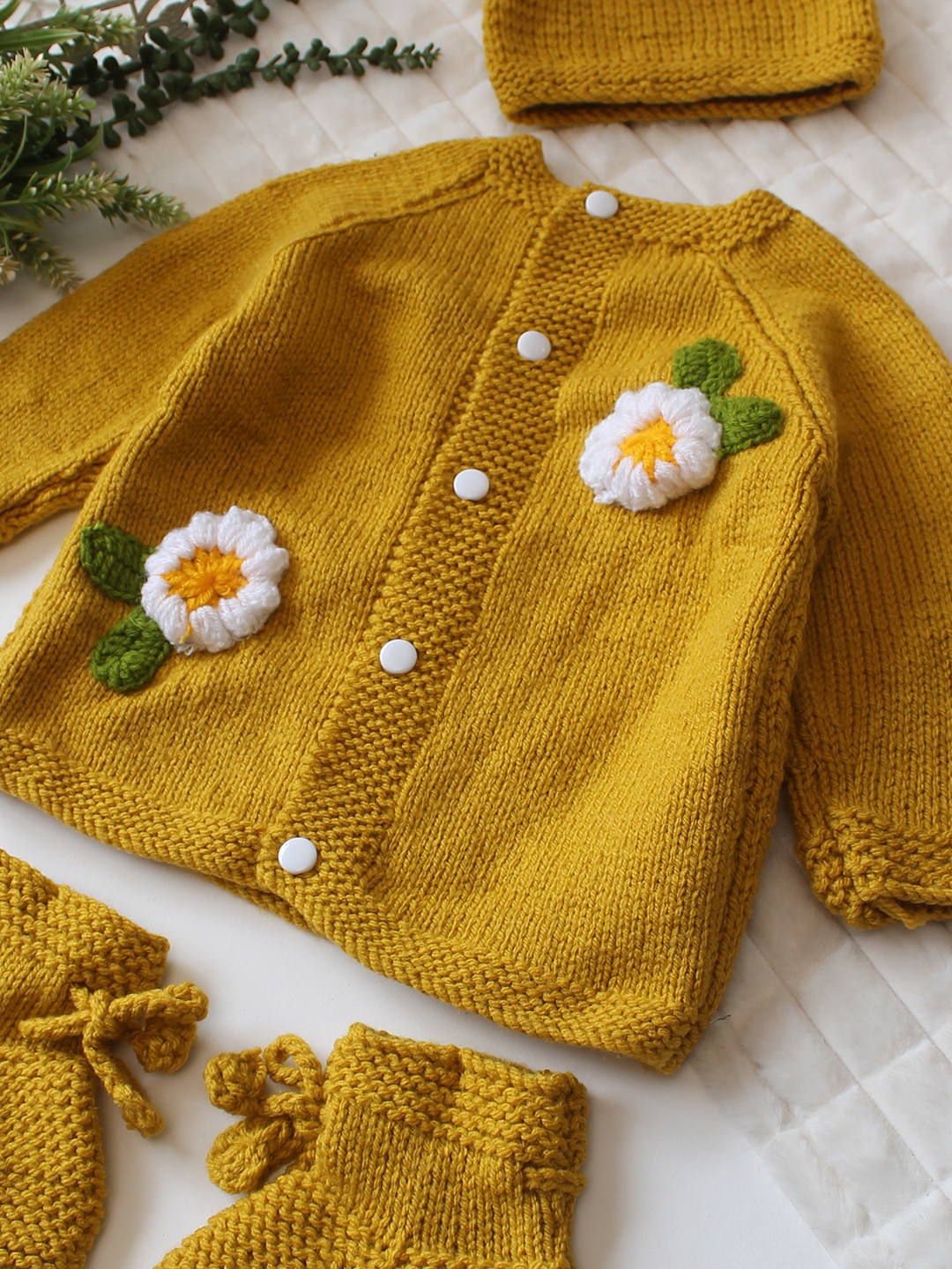 Woonie Handknitted Full Sleeves Floral Applique Detailed Cardigan with Cap & Socks Set - Mustard
