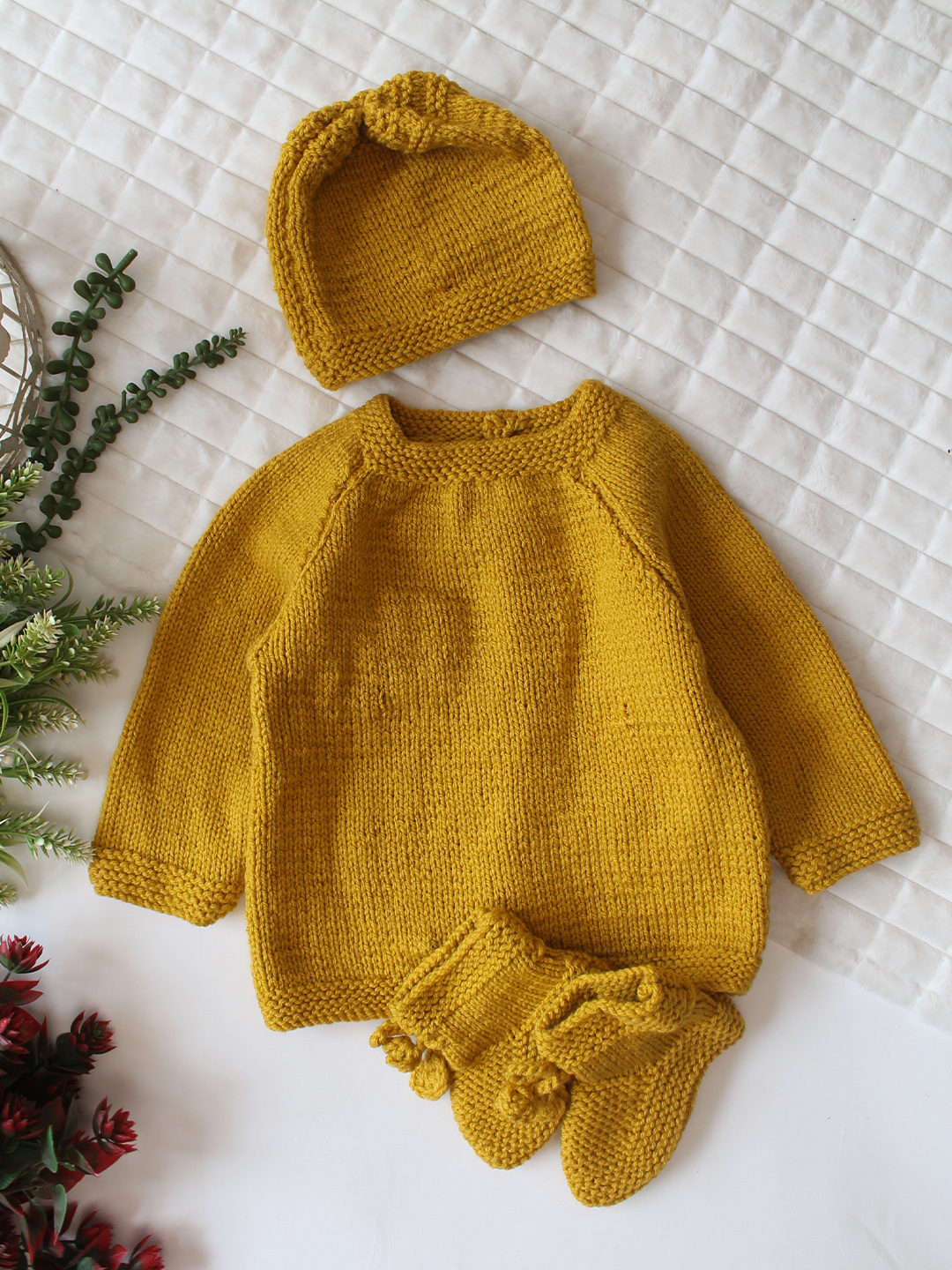 Woonie Handknitted Full Sleeves Floral Applique Detailed Cardigan with Cap & Socks Set - Mustard