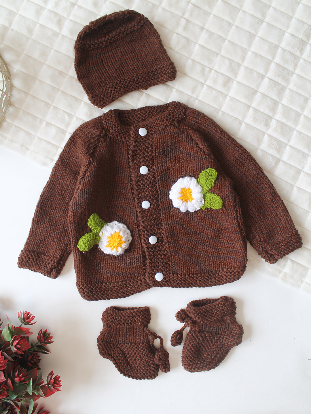 Woonie Handknitted Full Sleeves Floral Applique Detailed Cardigan with Cap & Socks Set - Brown