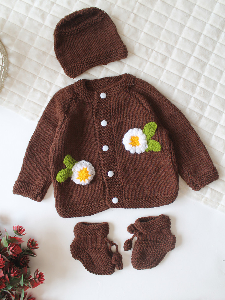 Image of Woonie Handknitted Full Sleeves Floral Applique Detailed Cardigan with Cap &amp; Socks Set - Brown