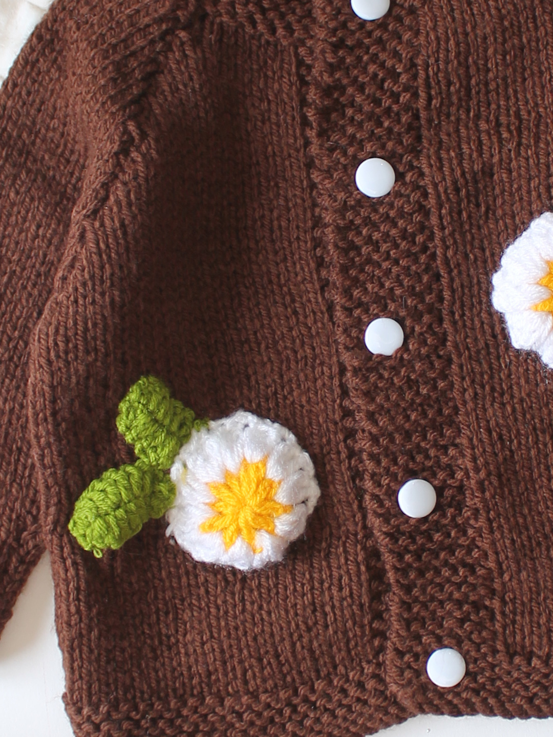 Woonie Handknitted Full Sleeves Floral Applique Detailed Cardigan with Cap & Socks Set - Brown