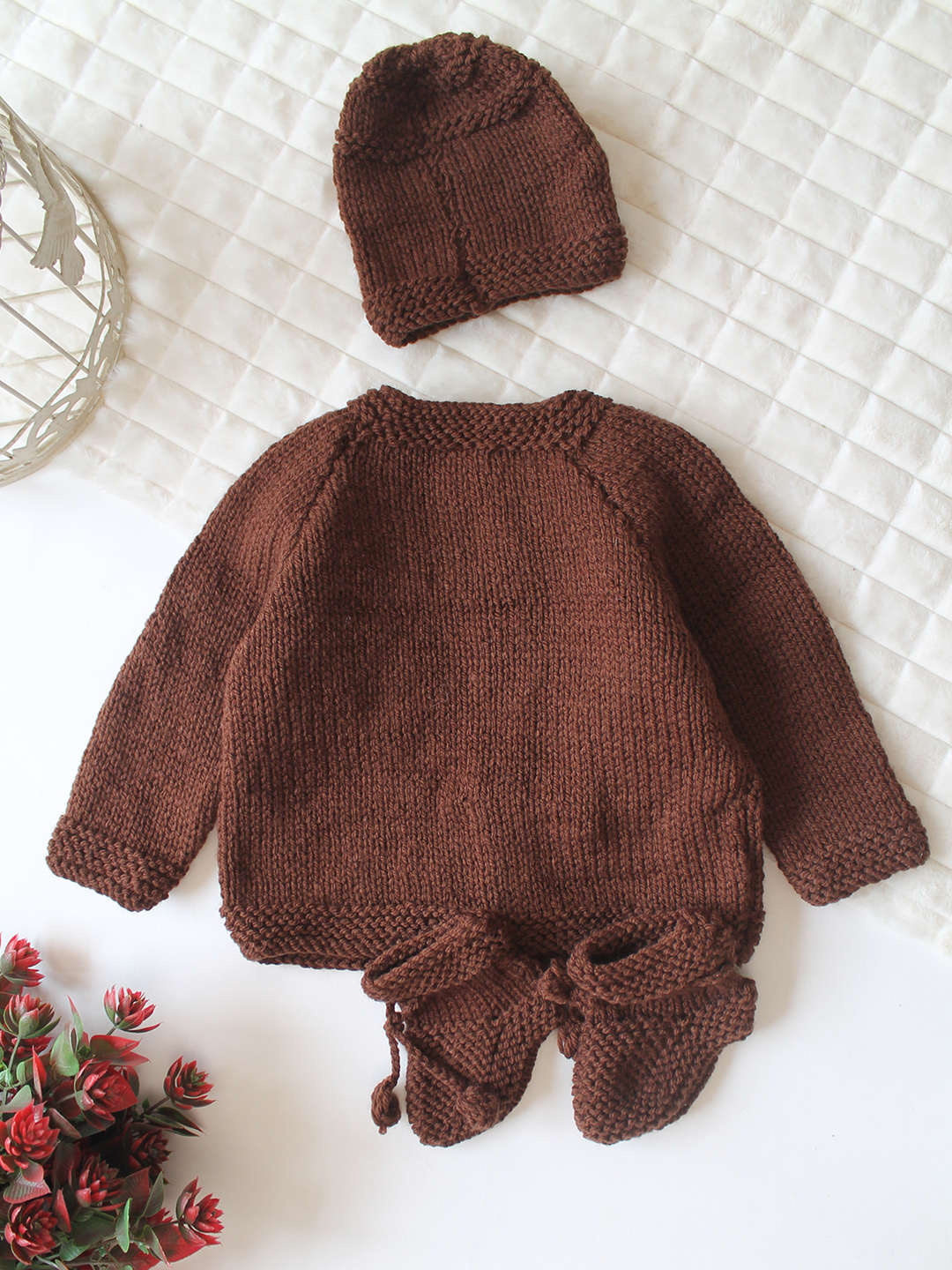 Woonie Handknitted Full Sleeves Floral Applique Detailed Cardigan with Cap & Socks Set - Brown