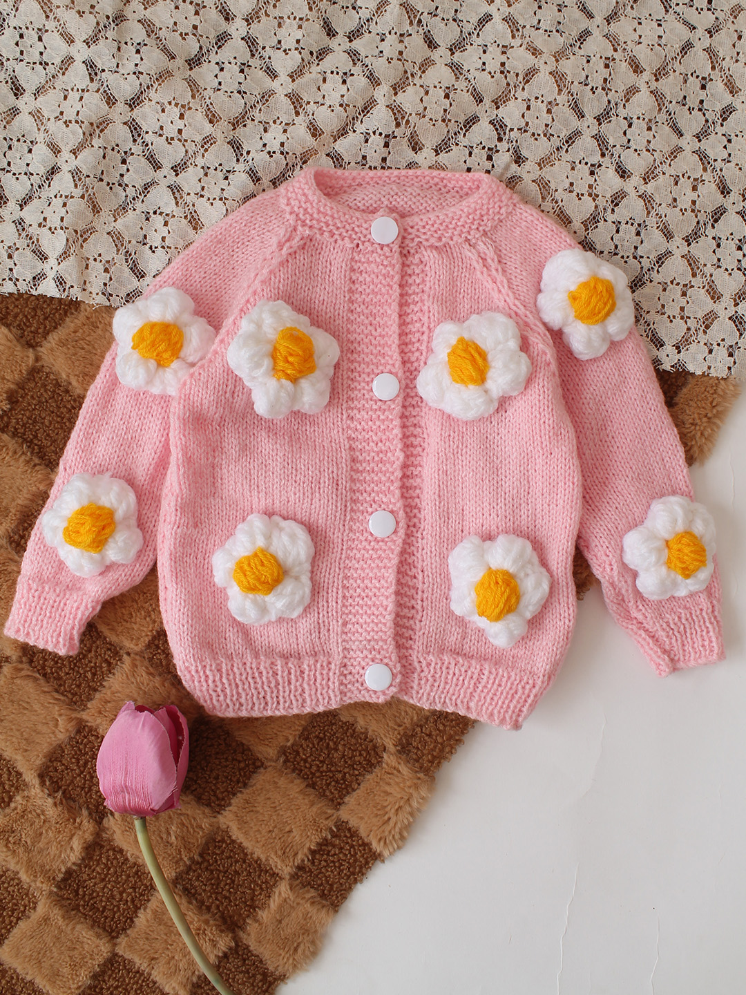 Woonie Handknitted Floral Applique Sweater - Pink
