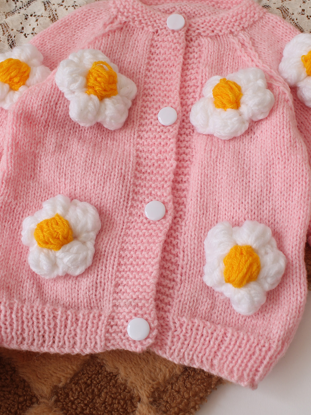 Woonie Handknitted Floral Applique Sweater - Pink