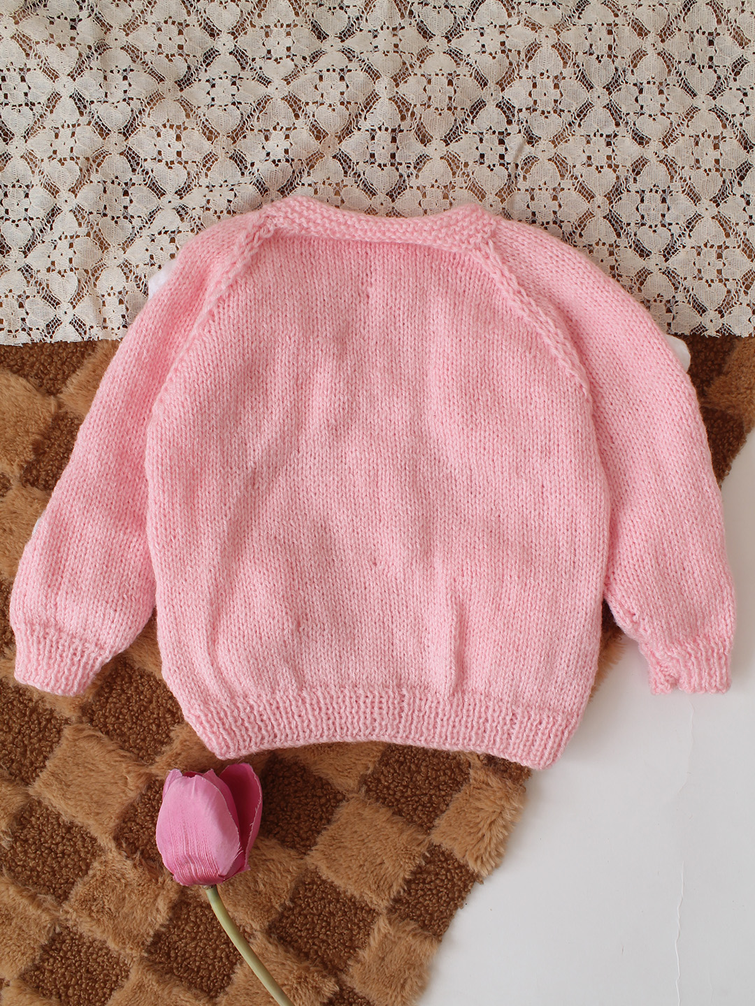Woonie Handknitted Floral Applique Sweater - Pink