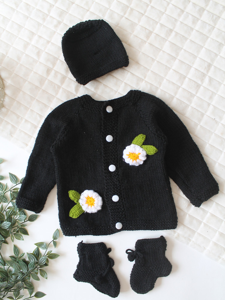 Image of Woonie Handknitted Full Sleeves Floral Applique Detailed Cardigan with Cap &amp; Socks Set - Black