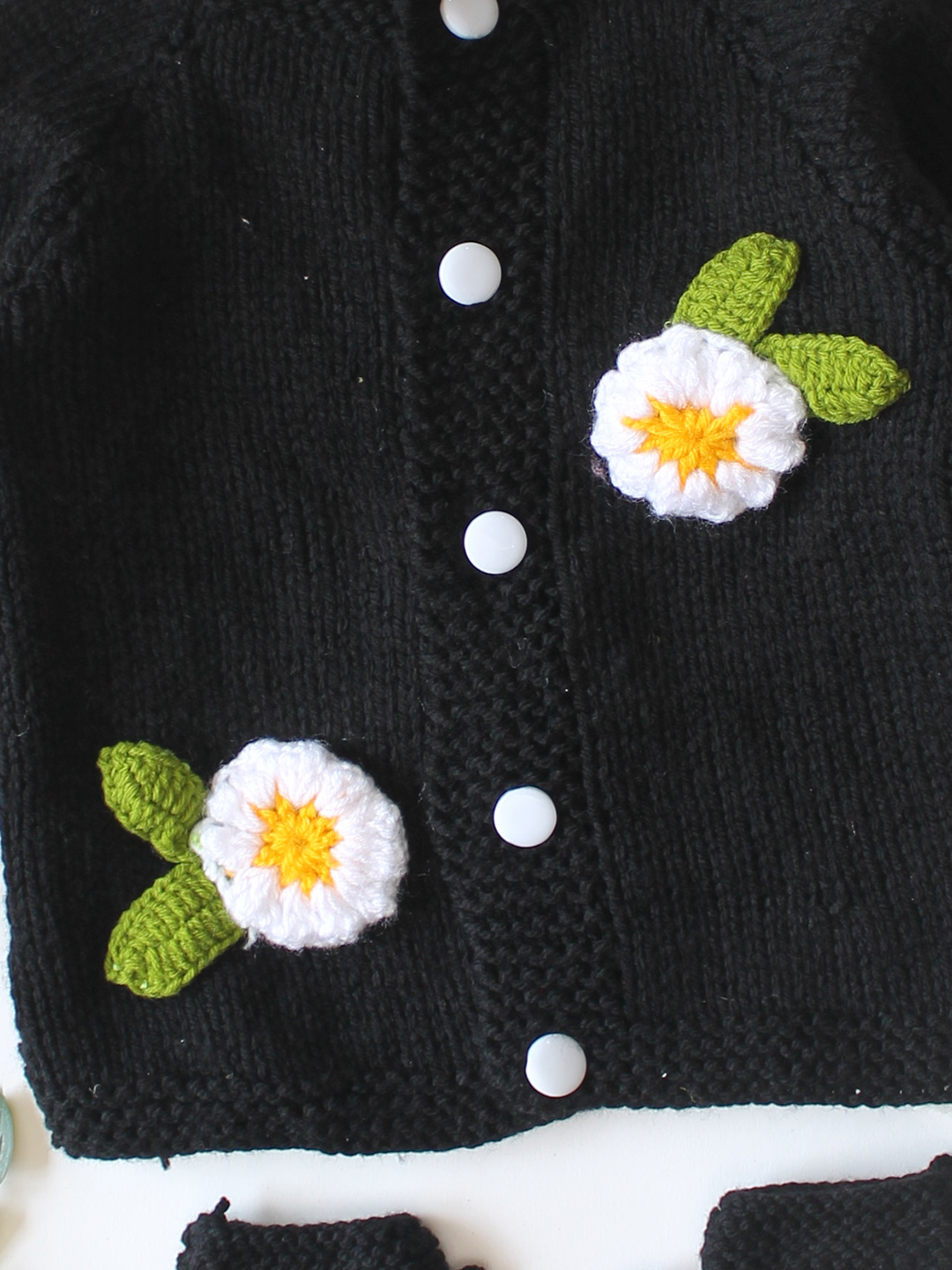 Woonie Handknitted Full Sleeves Floral Applique Detailed Cardigan with Cap & Socks Set - Black