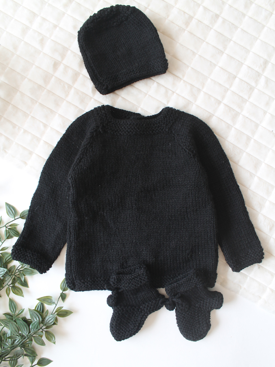 Woonie Handknitted Full Sleeves Floral Applique Detailed Cardigan with Cap & Socks Set - Black