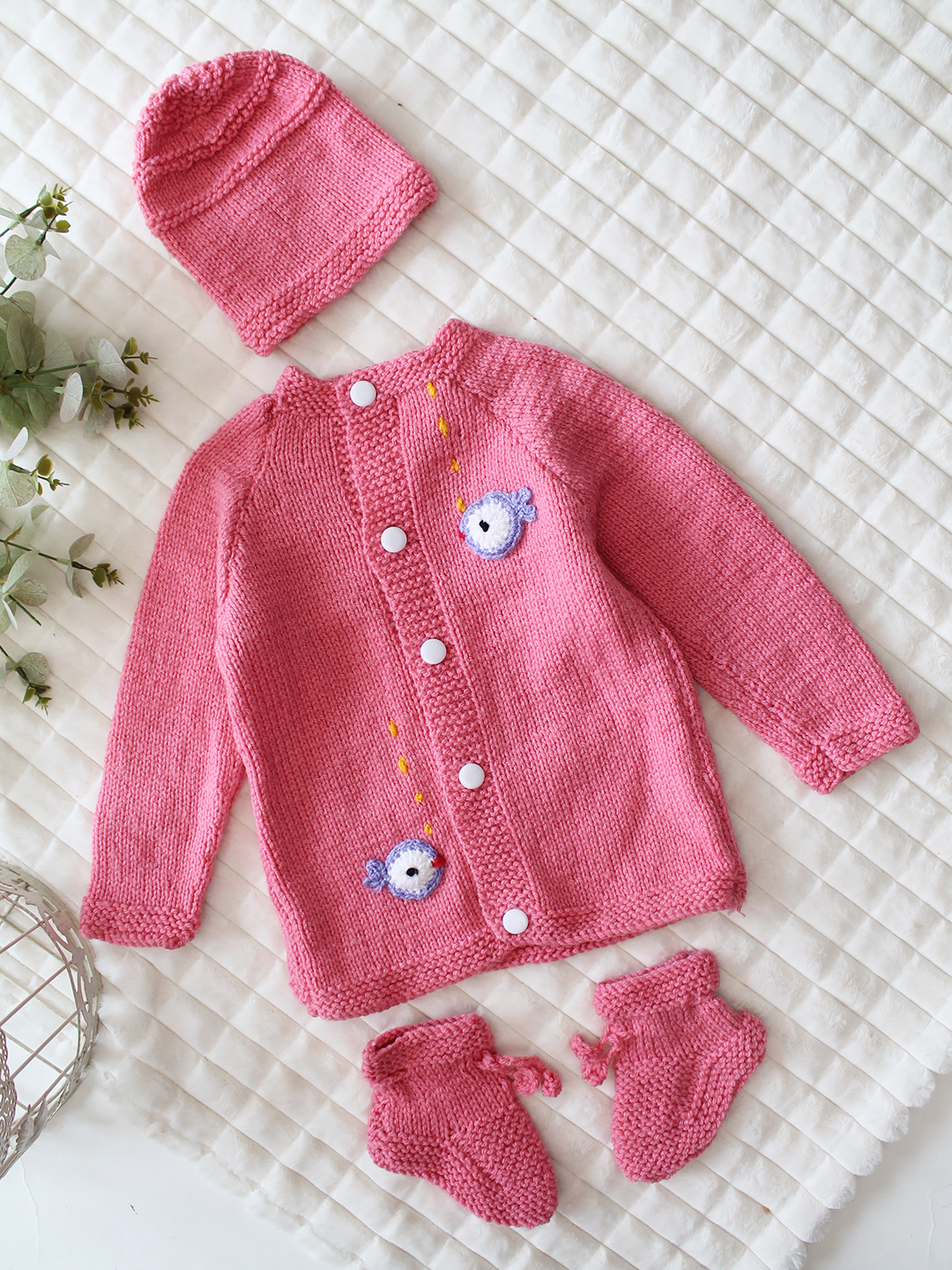 Woonie Handknitted Full Sleeves Fish Applique Cardigan with Cap & Socks Set - Pink