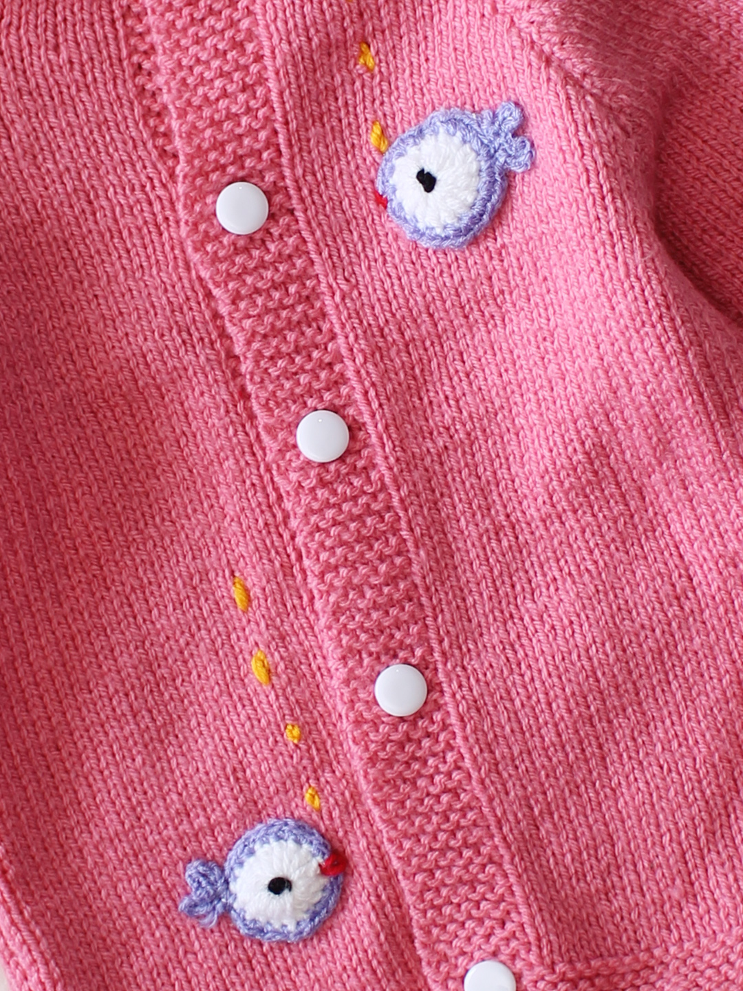 Woonie Handknitted Full Sleeves Fish Applique Cardigan with Cap & Socks Set - Pink