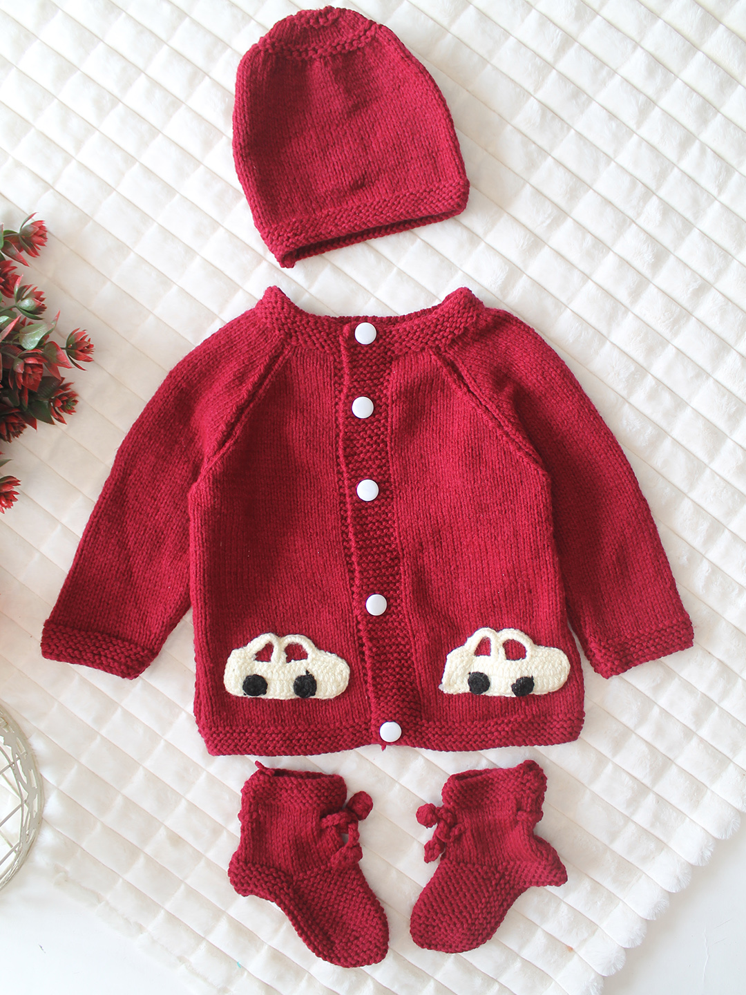 Woonie Handknitted Full Sleeves Car Applique Detailed Cardigan with Cap & Socks Set - Maroon