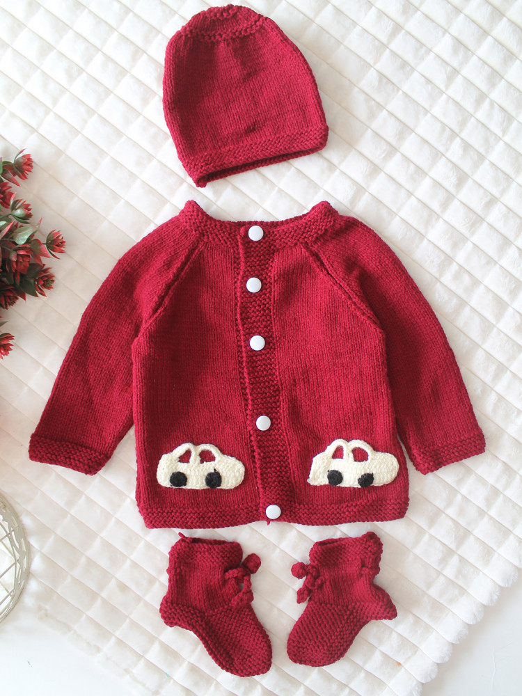 Image of Woonie Handknitted Full Sleeves Car Applique Detailed Cardigan with Cap &amp; Socks Set - Maroon