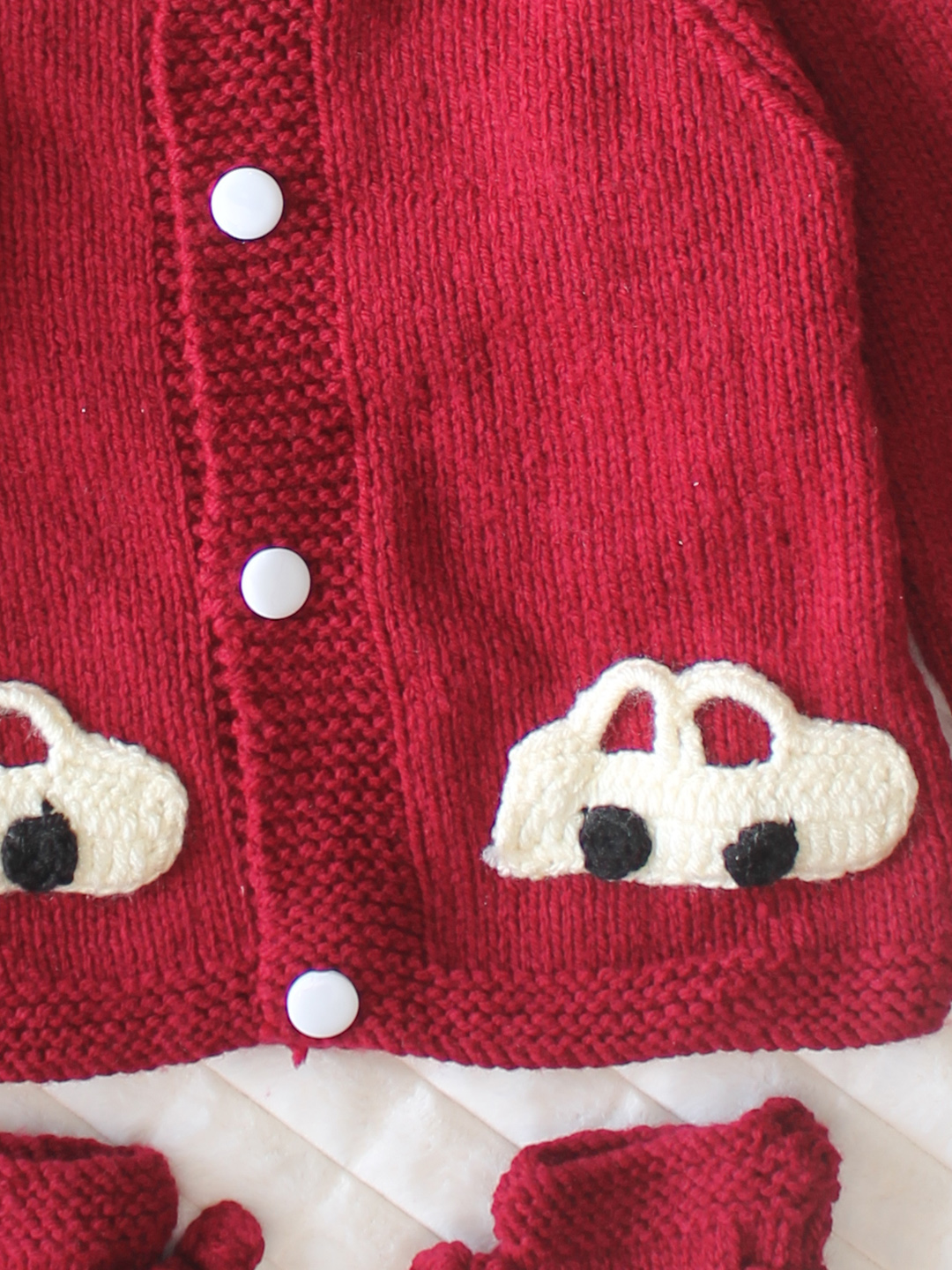 Woonie Handknitted Full Sleeves Car Applique Detailed Cardigan with Cap & Socks Set - Maroon