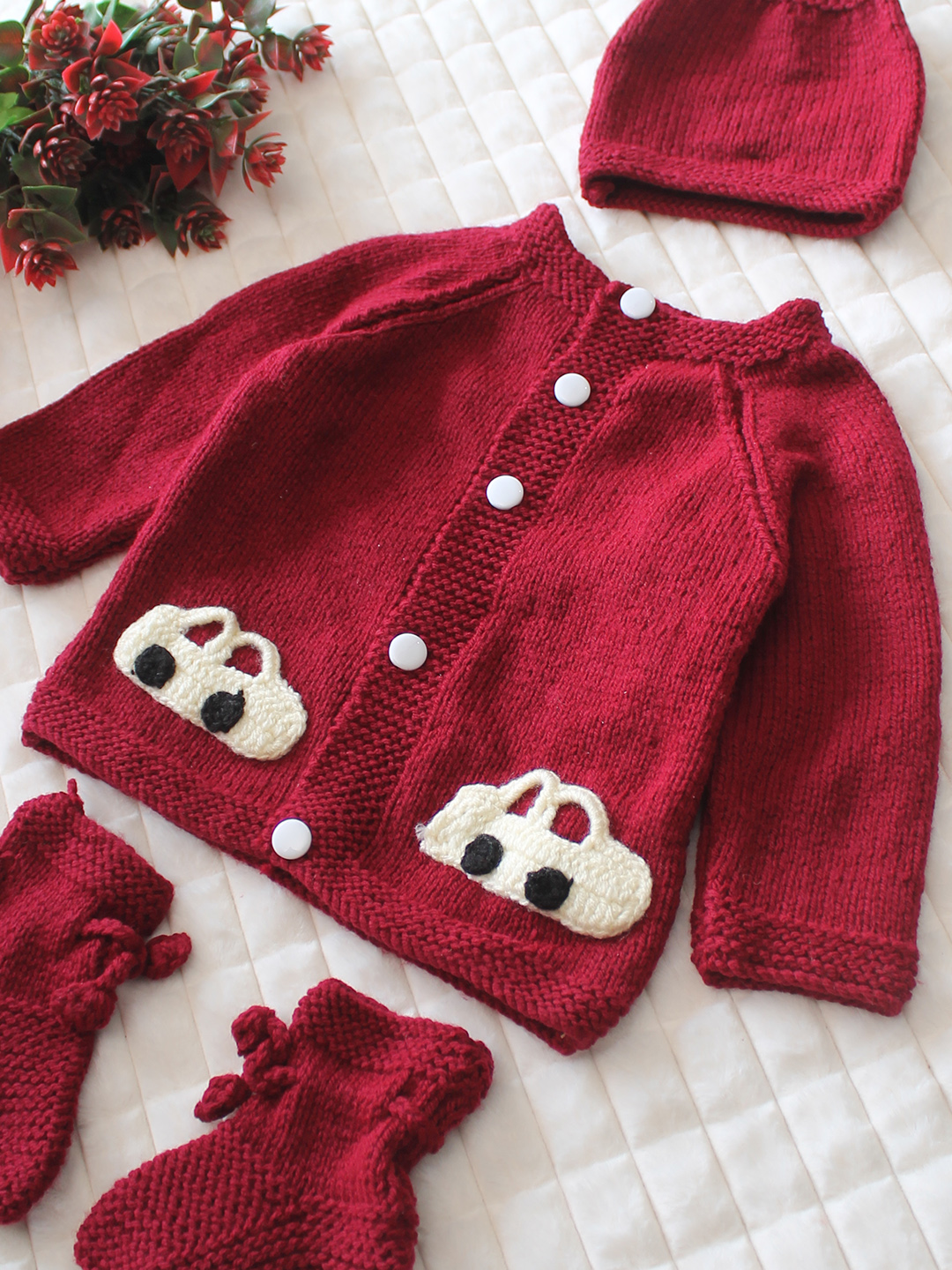 Woonie Handknitted Full Sleeves Car Applique Detailed Cardigan with Cap & Socks Set - Maroon