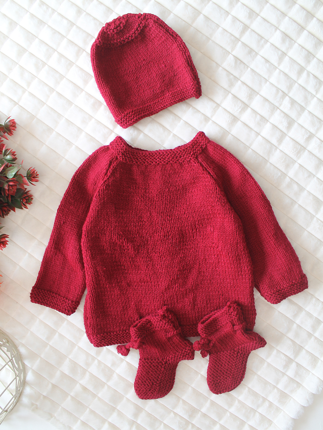 Woonie Handknitted Full Sleeves Car Applique Detailed Cardigan with Cap & Socks Set - Maroon