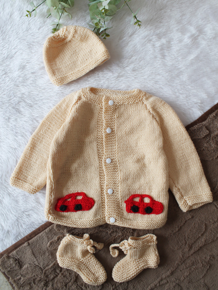 Image of Woonie Handknitted Full Sleeves Car Applique Detailed Cardigan with Cap &amp; Socks Set - Beige