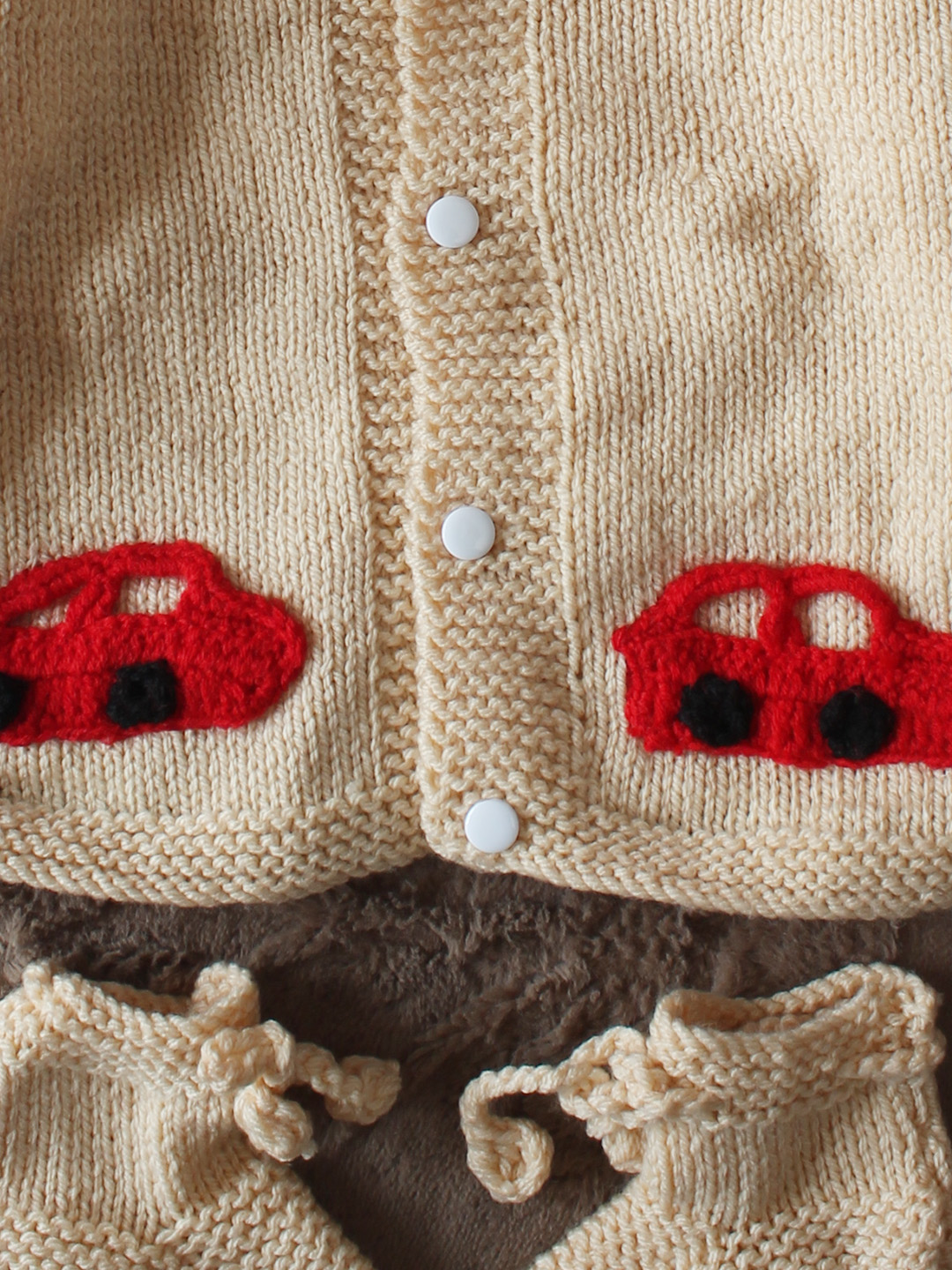 Woonie Handknitted Full Sleeves Car Applique Detailed Cardigan with Cap & Socks Set - Beige
