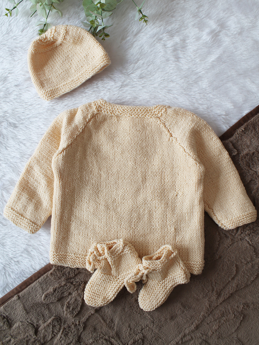 Woonie Handknitted Full Sleeves Car Applique Detailed Cardigan with Cap & Socks Set - Beige