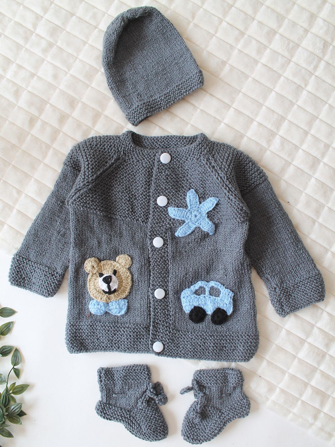 Woonie Handknitted Full Sleeves Applique Detailed Cardigan with Cap & Socks Set - Dark Grey