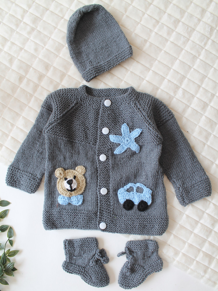 Image of Woonie Handknitted Full Sleeves Applique Detailed Cardigan with Cap &amp; Socks Set - Dark Grey