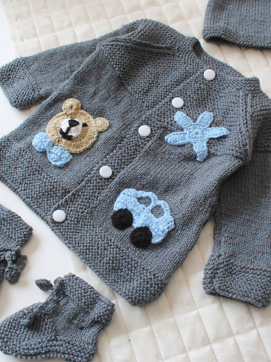 Woonie Handknitted Full Sleeves Applique Detailed Cardigan with Cap & Socks Set - Dark Grey