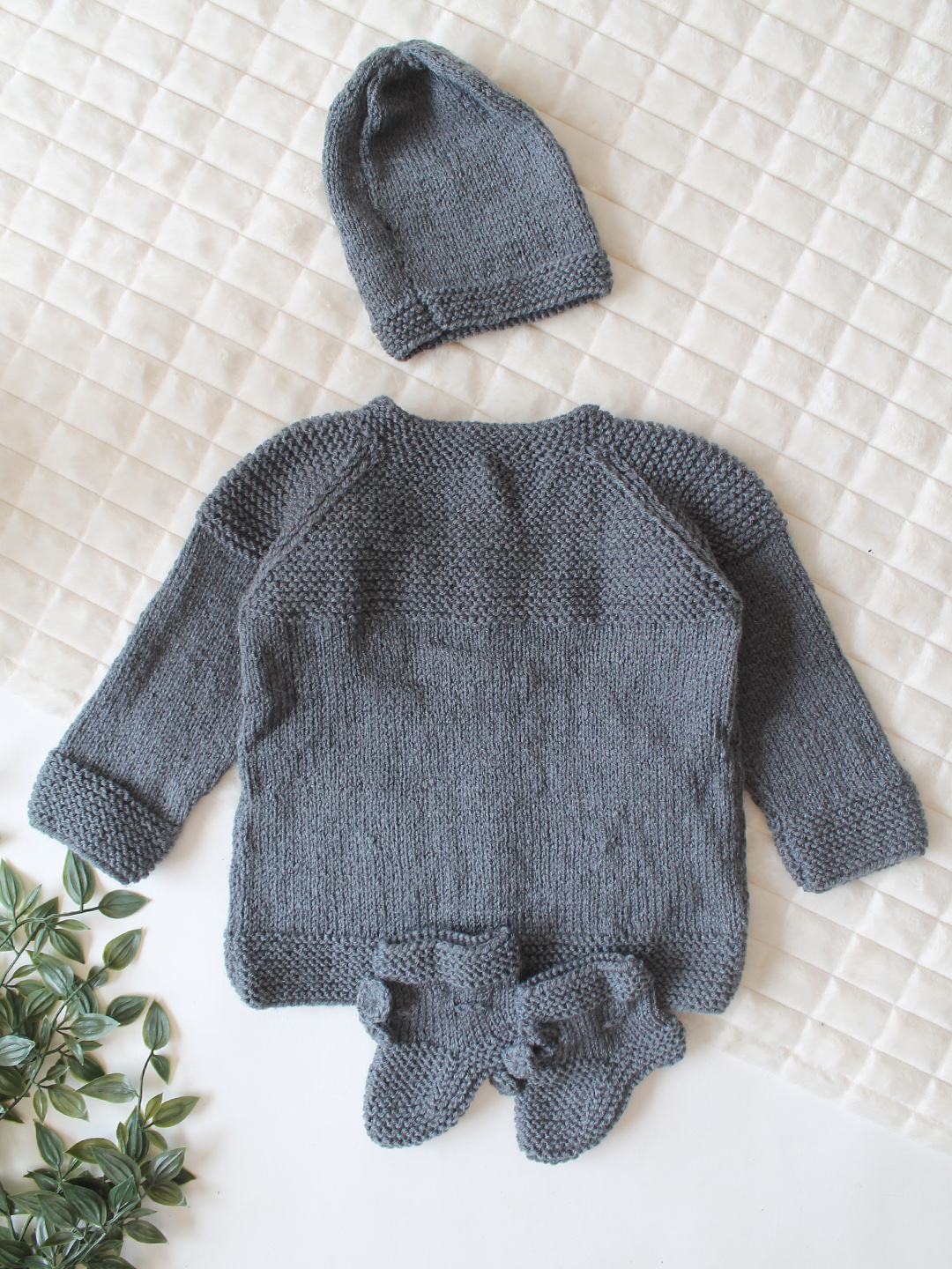 Woonie Handknitted Full Sleeves Applique Detailed Cardigan with Cap & Socks Set - Dark Grey