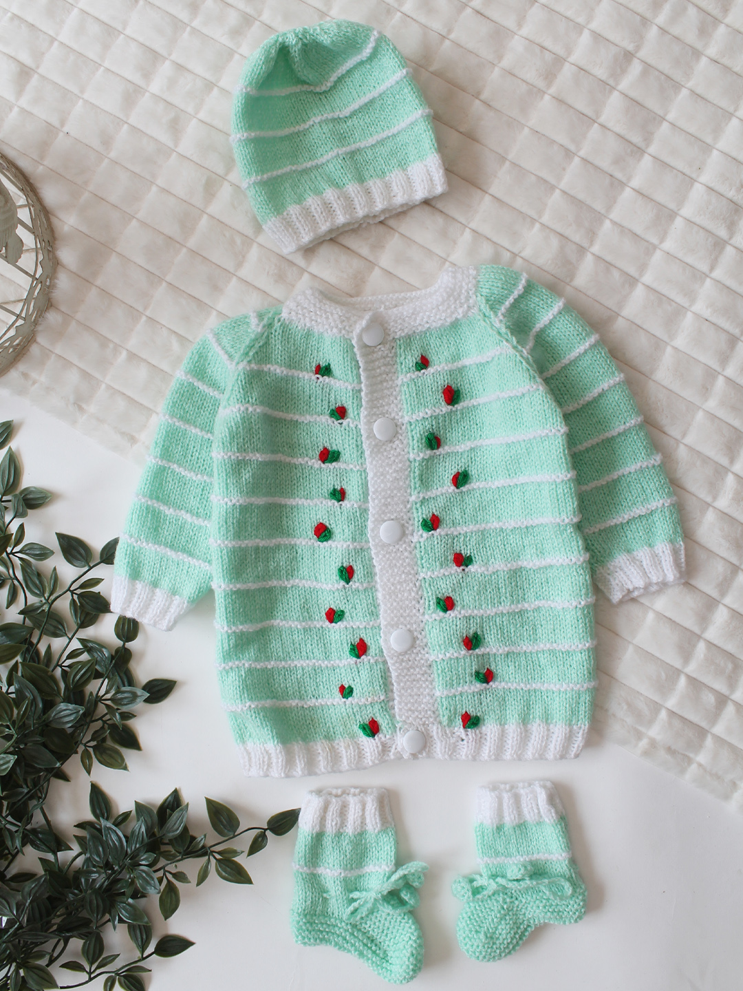 Woonie Handknitted Full Sleeves Floral Embroidered Cardigan with Cap & Socks - Green