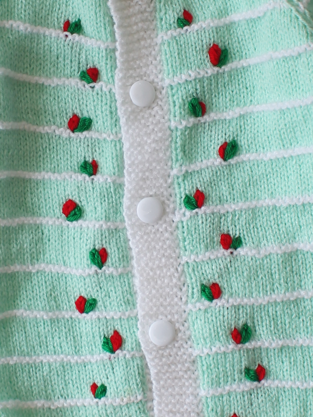 Woonie Handknitted Full Sleeves Floral Embroidered Cardigan with Cap & Socks - Green
