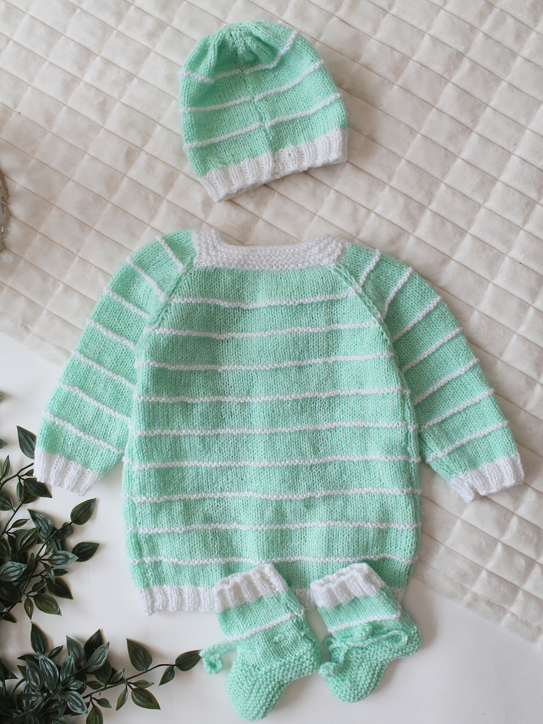 Woonie Handknitted Full Sleeves Floral Embroidered Cardigan with Cap & Socks - Green