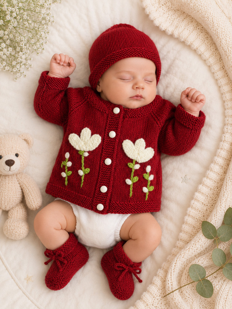 Image of Woonie Handknitted Full Sleeves Floral Applique Detailed Cardigan with Cap &amp; Socks Set - Maroon