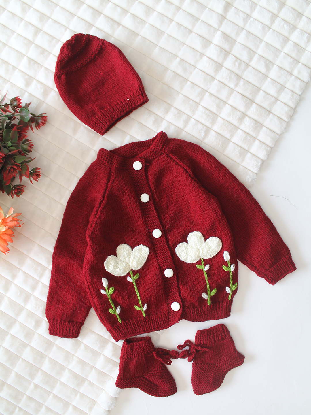 Woonie Handknitted Full Sleeves Floral Applique Detailed Cardigan with Cap & Socks Set - Maroon