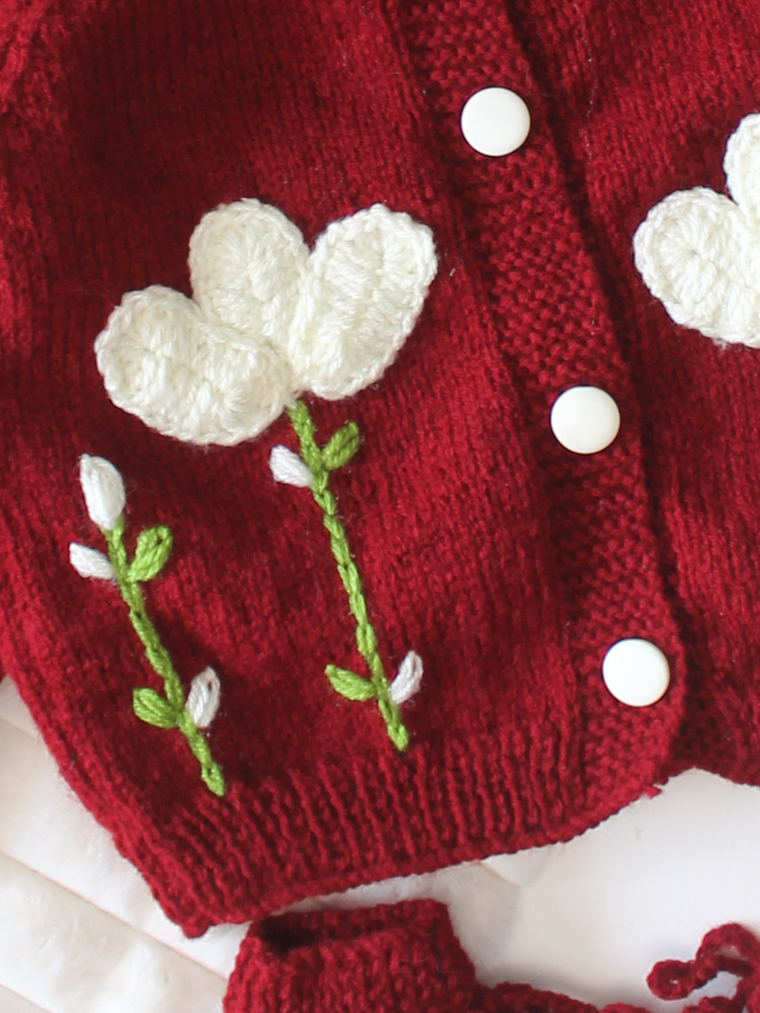 Woonie Handknitted Full Sleeves Floral Applique Detailed Cardigan with Cap & Socks Set - Maroon