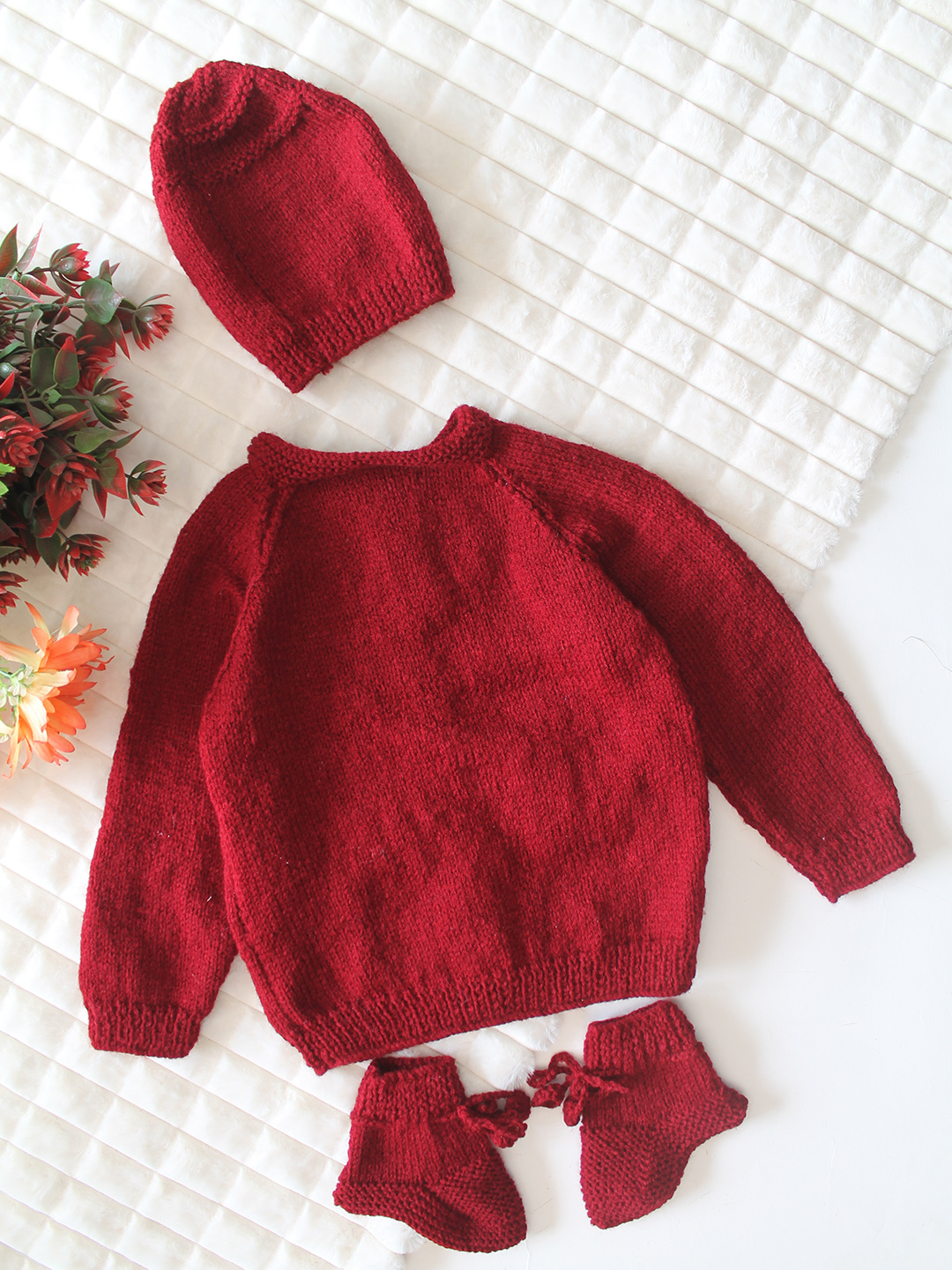 Woonie Handknitted Full Sleeves Floral Applique Detailed Cardigan with Cap & Socks Set - Maroon