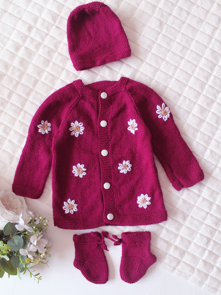 Image of Woonie Handknitted Full Sleeves Floral Embroidered Cardigan with Cap &amp; Socks - Wine