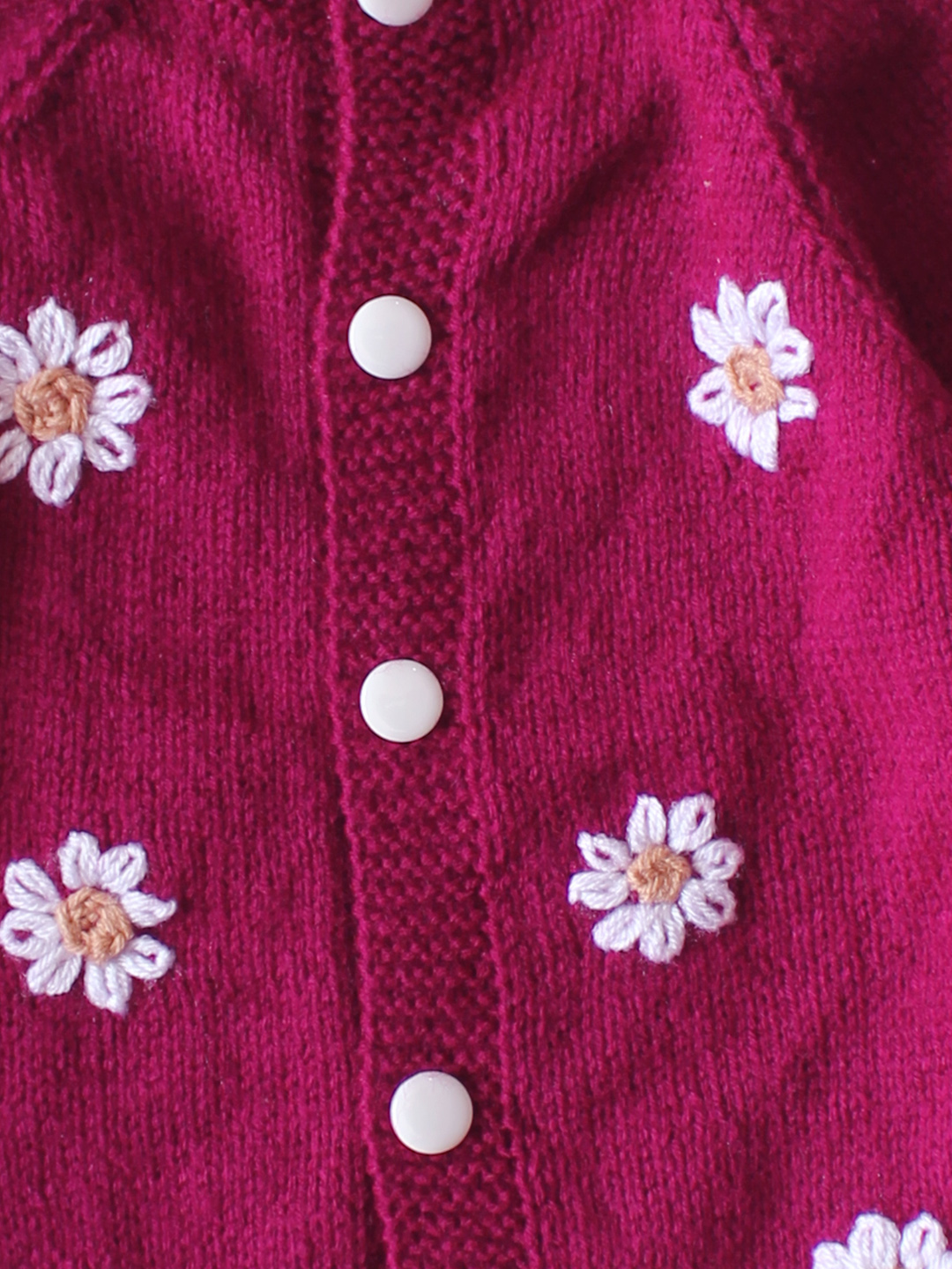 Woonie Handknitted Full Sleeves Floral Embroidered Cardigan with Cap & Socks - Wine
