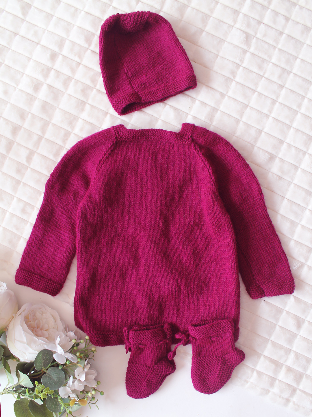 Woonie Handknitted Full Sleeves Floral Embroidered Cardigan with Cap & Socks - Wine