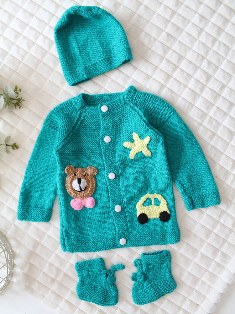 Image of Woonie Handknitted Full Sleeves Applique Detailed Cardigan with Cap &amp; Socks Set - Sea Green